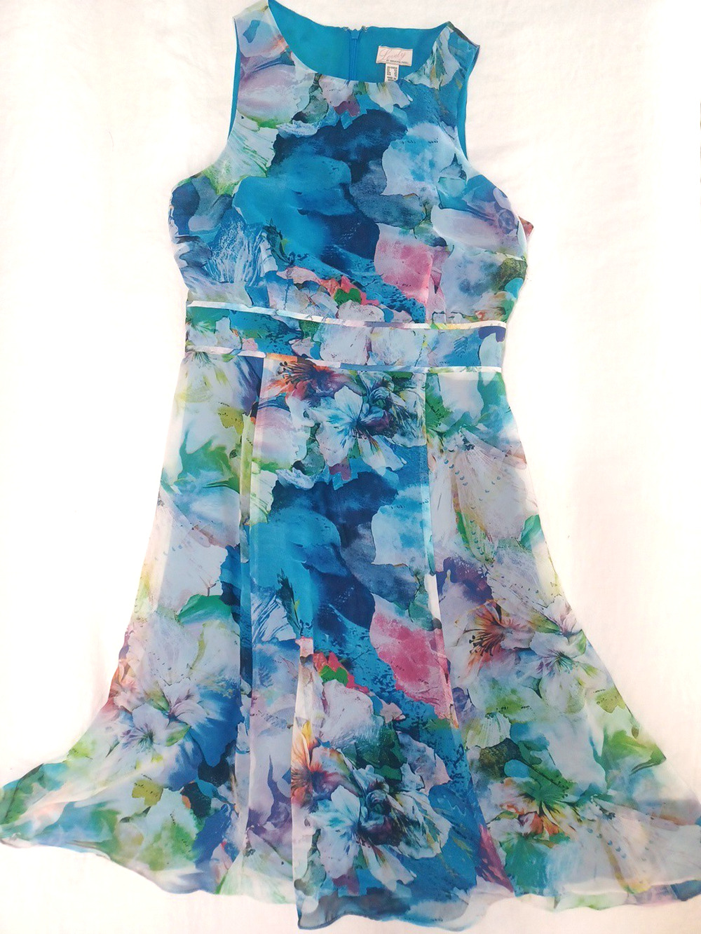 Lovely Adrianna Papell Watercolor Blue Chiffon Sleeveless Dress Sz 10 Lined